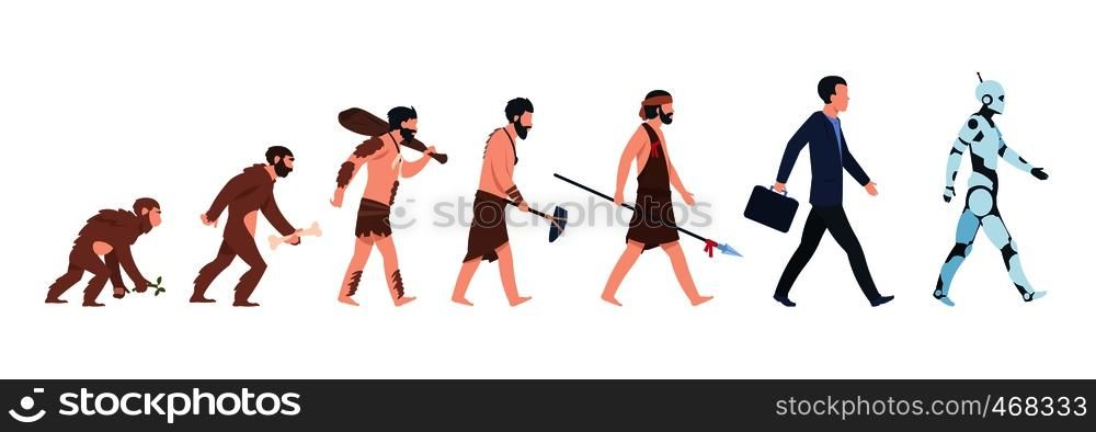 Human evolution. Monkey, caveman to businessman and cyborg cartoon concept, from ancient ape to man growth. Vector mankind primate evolution. Human evolution. Monkey to businessman and cyborg cartoon concept, from ancient ape to man growth. Vector mankind evolution