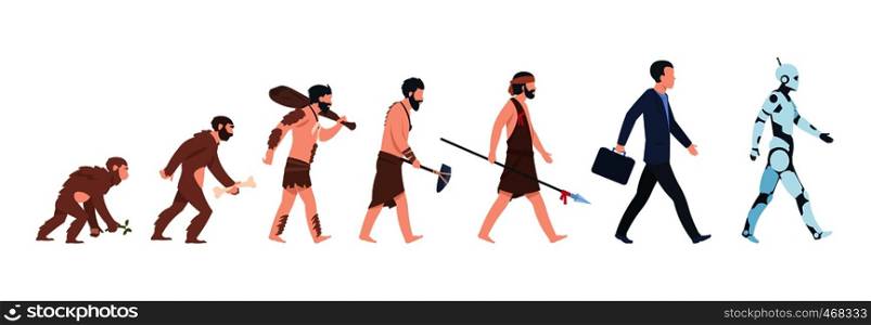 Human evolution. Monkey, caveman to businessman and cyborg cartoon concept, from ancient ape to man growth. Vector mankind primate evolution. Human evolution. Monkey to businessman and cyborg cartoon concept, from ancient ape to man growth. Vector mankind evolution