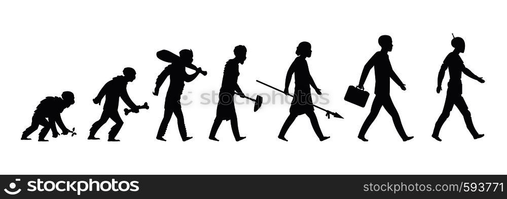 Human evolution silhouette. Monkey ape and caveman to businessman growing concept. Vector mankind development and evolution men. Human evolution silhouette. Monkey ape and caveman to businessman growing concept. Vector mankind development and evolution