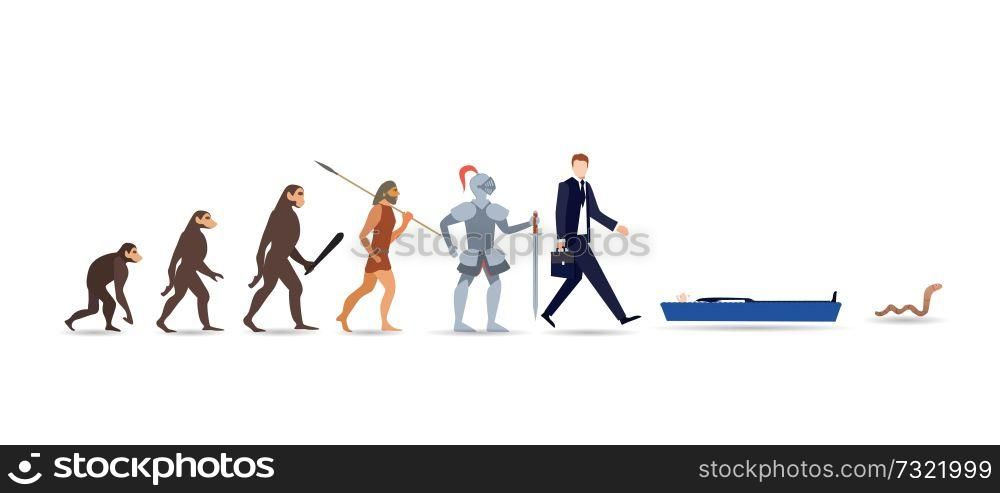 Human evolution stages. Evolutionary process and gradual development visualization from monkey or primate to businessman dressed in suit carrying briefcase. Flat cartoon colorful vector illustration