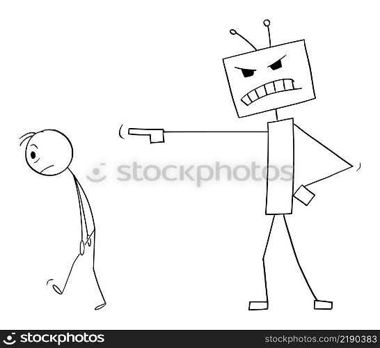 Human expelled by robot, AI or artificial intelligence, vector cartoon stick figure or character illustration.. Robot or Artificial Intelligence or AI Expelling Human , Vector Cartoon Stick Figure Illustration