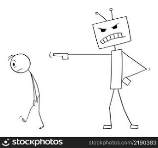 Human expelled by robot, AI or artificial intelligence, vector cartoon stick figure or character illustration.. Robot or Artificial Intelligence or AI Expelling Human , Vector Cartoon Stick Figure Illustration