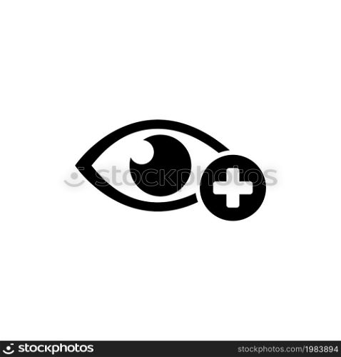 Human Eye with Plus, Farsighted Vision, Hyperopia. Flat Vector Icon illustration. Simple black symbol on white background. Human Eye with Plus Vision sign design template for web and mobile UI element. Human Eye with Plus, Farsighted Vision, Hyperopia Flat Vector Icon