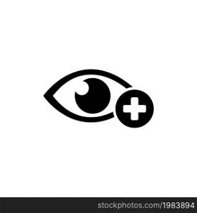 Human Eye with Plus, Farsighted Vision, Hyperopia. Flat Vector Icon illustration. Simple black symbol on white background. Human Eye with Plus Vision sign design template for web and mobile UI element. Human Eye with Plus, Farsighted Vision, Hyperopia Flat Vector Icon