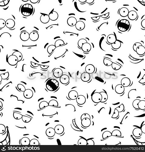 Human face expresions pattern. Vector pattern of cartoon faces with expressions. Cute eyes and mouth smiling, happy and upset, surprised and sad, angry and mad, crying and shocked, comic, silly, scared and optimistic emotions. Human cartoon emoticon faces pattern