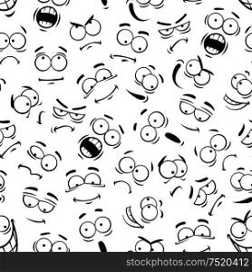 Human face expresions pattern. Vector pattern of cartoon faces with expressions. Cute eyes and mouth smiling, happy and upset, surprised and sad, angry and mad, crying and shocked, comic, silly, scared and optimistic emotions. Human cartoon emoticon faces pattern
