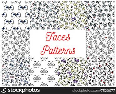 Human faces patterns. Vector pattern of cartoon emoticon faces with expressions. Cute emoji eyes smiling, happy, upset, surprised, skeptical, sad, angry, mad, stupid, crying, shocked comic silly scared classy optimistic. Human cartoon faces patterns