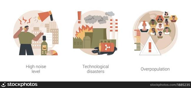 Human factors abstract concept vector illustration set. High noise level, technological disasters, industrial accident, human overpopulation, urban population growth, environment abstract metaphor.. Human factors abstract concept vector illustrations.