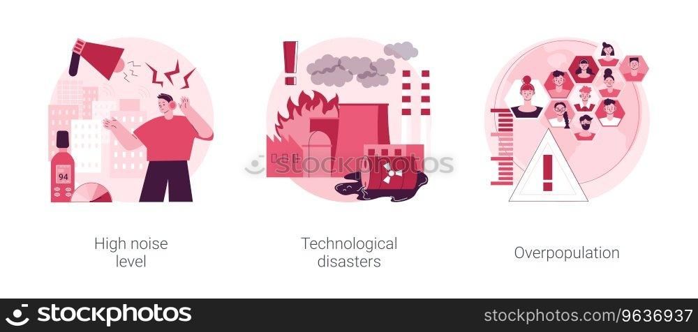 Human factors abstract concept vector illustration set. High noise level, technological disasters, industrial accident, human overpopulation, urban population growth, environment abstract metaphor.. Human factors abstract concept vector illustrations.