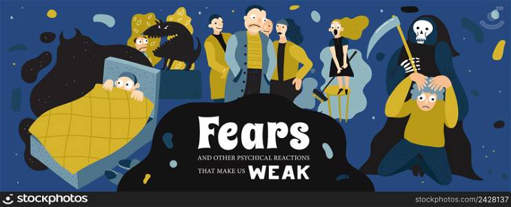 Human fears poster with nightmare and phobia symbols flat vector illustration. Human Fears Illustration