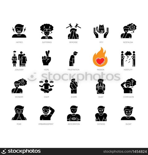 Human feelings black glyph icons set on white space. Psychological treatment. Positive attitude. Negative behaviour. Moral and social emotion. Silhouette symbols. Vector isolated illustration. Human feelings black glyph icons set on white space