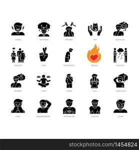 Human feelings black glyph icons set on white space. Psychological treatment. Positive attitude. Negative behaviour. Moral and social emotion. Silhouette symbols. Vector isolated illustration. Human feelings black glyph icons set on white space