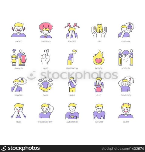 Human feelings RGB color icons set. Psychological treatment. Positive attitude. Negative behaviour. Mental health issue. Moral and social emotion. Suffering from pain. Isolated vector illustrations. Human feelings RGB color icons set