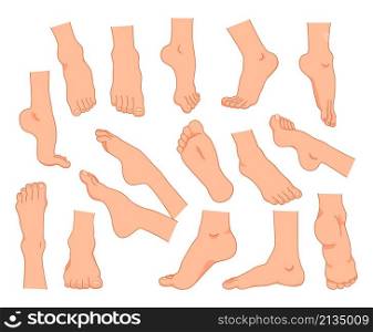 Human feet. Cartoon male and female body ankle elements. Barefoot with fingers. Pedicure illustration. Naked foot sole posing. Cosmetic skin care spa pedicure. Vector isolated bare legs positions set. Human feet. Cartoon male and female body ankle elements. Barefoot with fingers. Pedicure illustration. Naked foot sole posing. Cosmetic skin care pedicure. Vector bare legs positions set