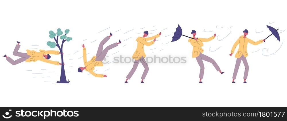 Human fight against hurricane wind power disaster. Man hit in extreme natural disaster strong wind, hurricane, shower rain vector illustration set. Male character hit storm. Holding umbrella, tree. Human fight against hurricane wind power disaster. Man hit in extreme natural disaster strong wind, hurricane, shower rain vector illustration set. Male character hit storm