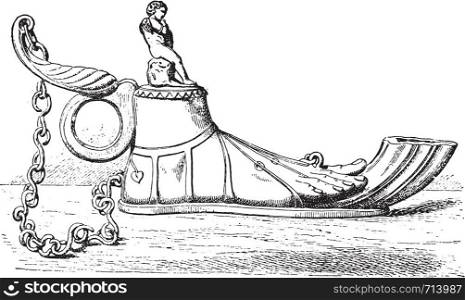 Human foot shaped lamp, vintage engraved illustration. Private life of Ancient-Antique family-1881.