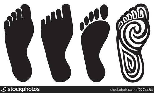 Human foot silhouette and footprints