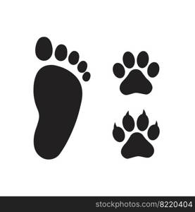 Human foot with dog and cat paw print symbol. Simple  silhouette icon set, logo design elements. Isolated on white background. Vector illustration.