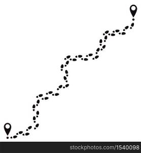 Human footprints track. Footsteps route, walking feet tracks with pin, human foot steps way track silhouette vector illustration. Path silhouette human print, track walk footprint. Human footprints track. Footsteps route, walking feet tracks with pin, human foot steps way track silhouette vector illustration