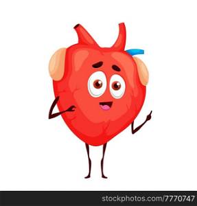 Human funny cartoon heart character of vector anatomy mascot or cardiology medicine emoji. Cute healthy heart personage talking and pointing finger, internal organ of cardiovascular system emoticon. Human funny heart character, anatomy mascot