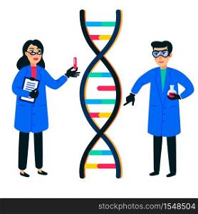 Human genome research. Scientist working with a dna helix, genome or gene structure. Human genome project. Flat style vector illustration. Human genome research. Scientist working with a dna helix, genome or gene structure. Human genome project. Flat style vector illustration.