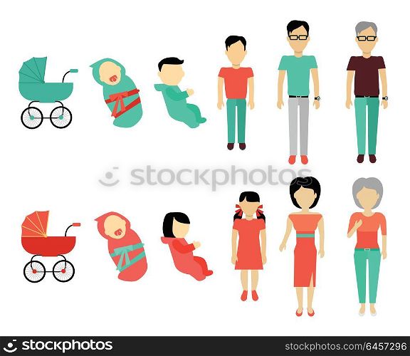 Human Growing Up Concept Illustration.. Human growing up concept. Flat Design. People male and female characters templates without face in different ages from baby to older. Stages of life illustration for aging concepts and infographics.