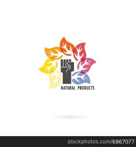 Human hand and circle of colorful leaves icon with nature concept.Leaves vector logo design template.Design for Business logo,product brand,banner or abstract symbol.Vector illustration.