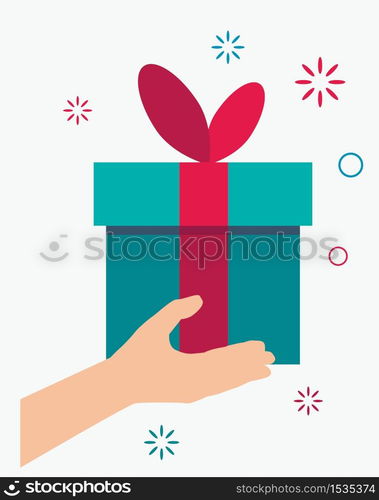 Human hand and gift box. Receives bonus or surprise concept for web banners and sites. Vector illustration isolated on white background.. Human hand and gift box. Receives bonus or surprise concept for web banners and sites. Vector illustration