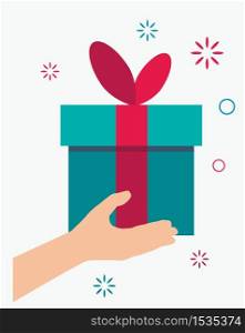Human hand and gift box. Receives bonus or surprise concept for web banners and sites. Vector illustration isolated on white background.. Human hand and gift box. Receives bonus or surprise concept for web banners and sites. Vector illustration
