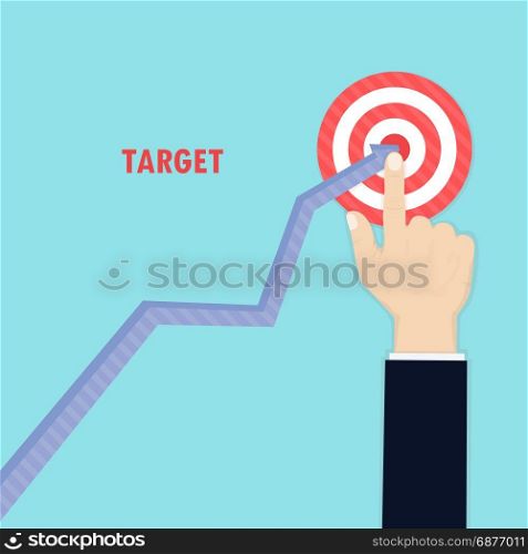 Human hand and growth graph icon on background.Goal achievement.Successful way up to goal.Ambition business.Path chart to target.Businessman to top graph.Aspiration to victory.Concept of the teamwork for successful business.Flat design vector illustration