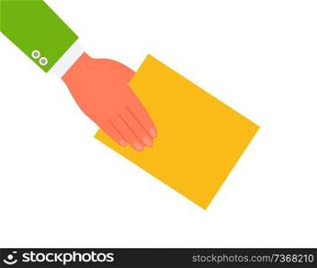 Human hand and yellow paper vector illustration isolated on white background poster, icon of male arm that keeping abstract document, cute green suit. Human Hand and Yellow Paper Vector Illustration