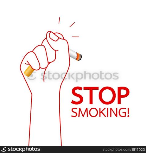 Human hand crushing cigarette. Quitting smoking concept. World No Tobacco Day. illustration isolated on white background.