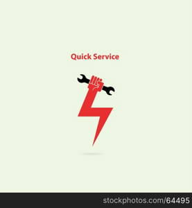 Human hand flash icon and wrench vector logo design template.Service tool icon.Quick fast flash repair sign.Quick Repairing concept.Maintenance and technical support concept.Vector illustration.
