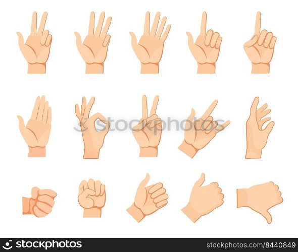 Human hand gestures set. Arms and wrists, amount signs, open palm, pointing with finger, greeting, fist. Vector illustration for communication, signals concept