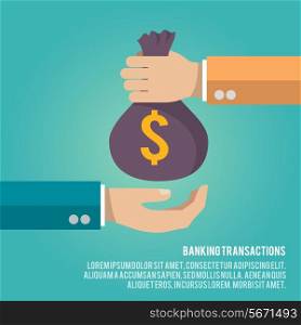 Human hand gives money bag to another person payment banking poster vector illustration