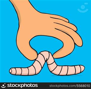 Human hand grabbing small worm bait