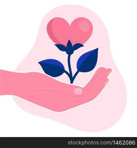 Human hand hold a flower in the form of a heart.Psychological support, help, psychotherapy.Emotional problem.Concept.Flat vector illustration