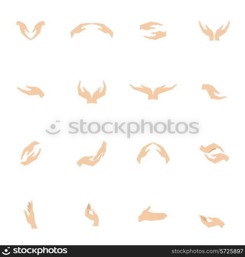 Human hand hold and protect gestures flat icons set isolated vector illustration