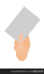 Human hand holding a blank paper sheet vector cartoon illustration isolated on white background.. Human hand holding a blank paper sheet.