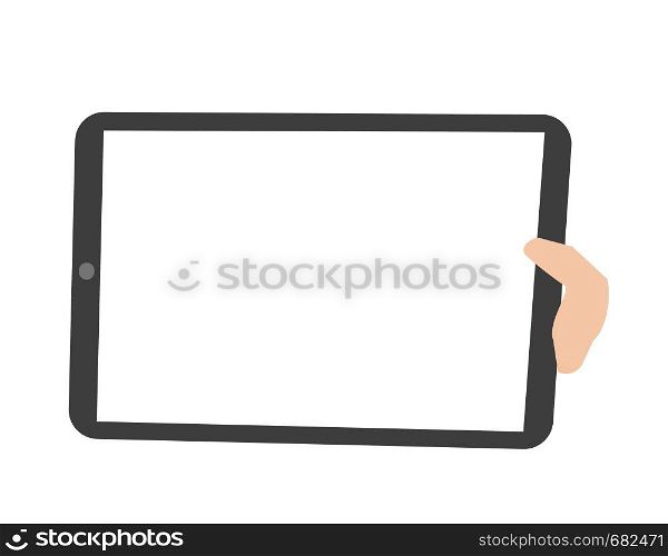 Human hand holding a blank tablet pc vector cartoon illustration isolated on white background.. Human hand holding a tablet pc vector illustration