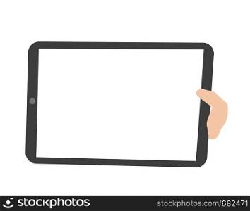 Human hand holding a blank tablet pc vector cartoon illustration isolated on white background.. Human hand holding a tablet pc vector illustration