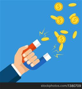 Human hand holding a magnet. Concept of attracting investments. Money, business, success magnet. Flat design, vector illustration. Flat design, vector illustration. Human hand holding a magnet. Concept of attracting investments. Money, business, success magnet.