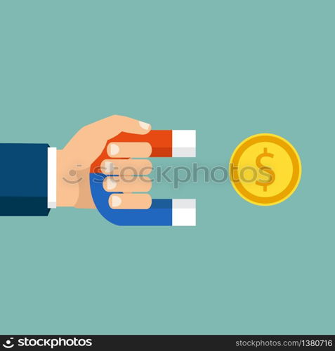 Human hand holding a magnet. Concept of attracting investments. Money, business, success magnet. Flat design, vector illustration. Flat design, vector illustration. Human hand holding a magnet. Concept of attracting investments. Money, business, success magnet.