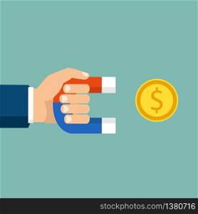 Human hand holding a magnet. Concept of attracting investments. Money, business, success magnet. Flat design, vector illustration. Flat design, vector illustration. Human hand holding a magnet. Concept of attracting investments. Money, business, success magnet.