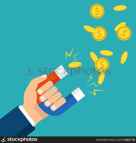 Human hand holding a magnet. Concept of attracting investments. Money, business, success magnet. Flat design, vector illustration. Flat design, vector illustration. Human hand holding a magnet. Concept of attracting investments. Money, business, success magnet.