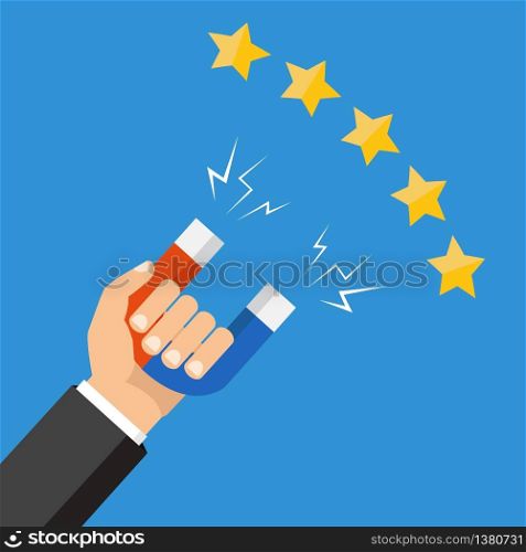 Human hand holding a magnet. Vector illustration, flat style, isolated on background. Vector illustration, flat style, isolated on background. Human hand holding a magnet.