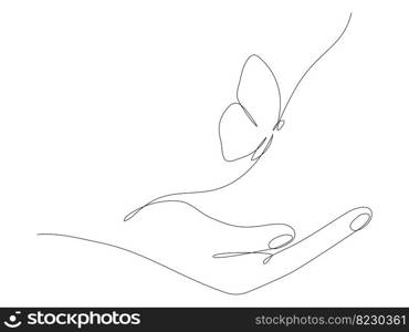 Human hand holding butterfly flying continuous line art drawing. One line butter fly insect. Vector isolated on white.. Human hand holding butterfly flying continuous line art drawing.