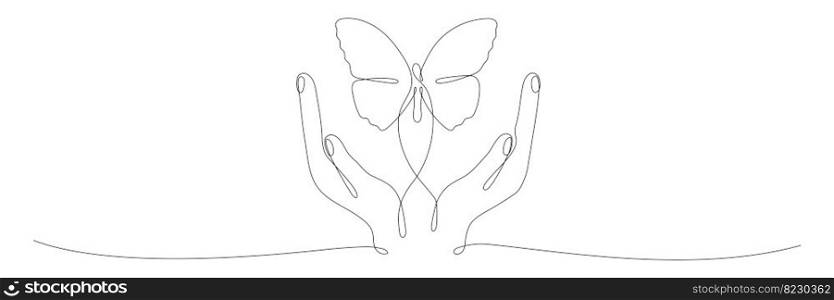 Human hand holding butterfly flying continuous line art drawing. One line butter fly insect. Vector isolated on white.. Human hand holding butterfly flying continuous line art drawing.