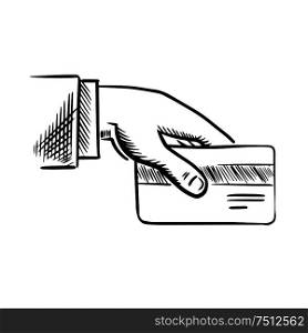 Human hand holding credit bank card to make payment, for banking or finance theme design. Sketch image. Sketch of hand with credit card