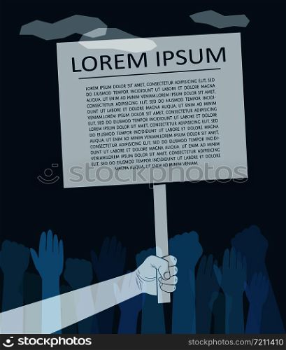 Human hand holding empty banner or blank protest board vector illustration. Business concept in retro design. Place in ad, advertising statements, saying, placard, signboard.. Human hand holding empty banner